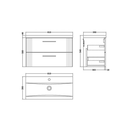 DPF1495 Nuie Deco 800mm Anthracite 2 Drawer Wall Hung Unit With Basin Line Drawing