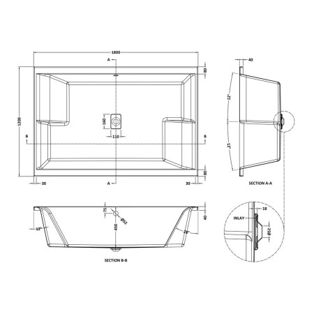 NBI1812 Nuie Double Ended 1800 x 1200mm Inset Spa Bath Line Drawing