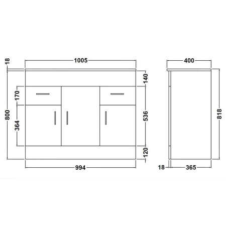 VTMW1000 Nuie Eden 1000mm Floor Standing Vanity Unit with Minimalist Basin Line Drawing