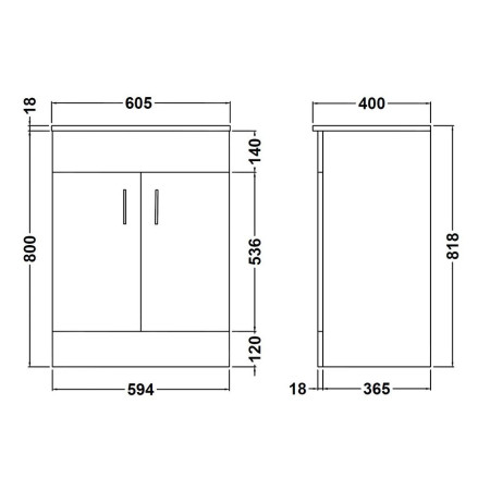 VTMW600 Nuie Eden 600mm Floor Standing Vanity Unit with Minimalist Basin Line Drawing