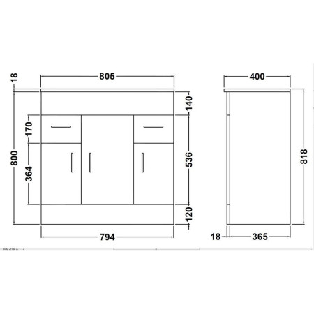 VTMW800E Nuie Eden 800mm Floor Standing Vanity Unit with Mid Edge Basin Line Drawing