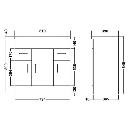 VTMW800 Nuie Eden 800mm Floor Standing Vanity Unit with Minimalist Basin Line Drawing