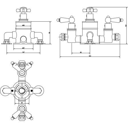 A3057E Nuie Edwardian Triple Thermostatic Exposed Shower Valve Line Drawing