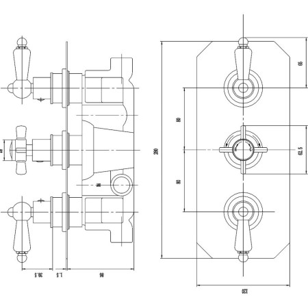 A3057 Nuie Edwardian Triple Thermostatic Shower Valve Line Drawing