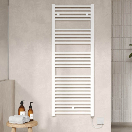 MTY158 Nuie Electric Round 1375 x 480mm Gloss White Ladder Towel Rail Lifestyle