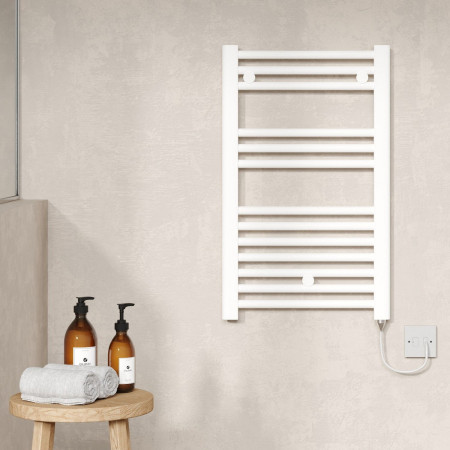 MTY156 Nuie Electric Round 720 x 400mm Gloss White Ladder Towel Rail Lifestyle