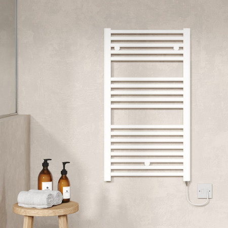 MTY157 Nuie Electric Round 920 x 480mm Gloss White Ladder Towel Rail Lifestyle