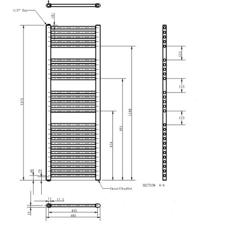 MTY155 Nuie Electric Round 1375 x 480mm Anthracite Ladder Towel Rail Line Drawing