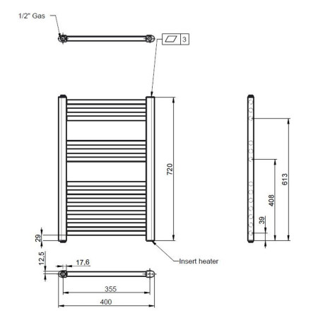 MTY150 Nuie Electric Round 720 x 400mm Chrome Ladder Towel Rail Line Drawing