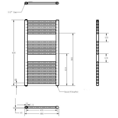 MTY157 Nuie Electric Round 920 x 480mm Gloss White Ladder Towel Rail Line Drawing