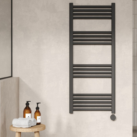 MTY160 Nuie Electric Rounded 1200 x 500mm Flat Towel Rail in Anthracite Lifestyle