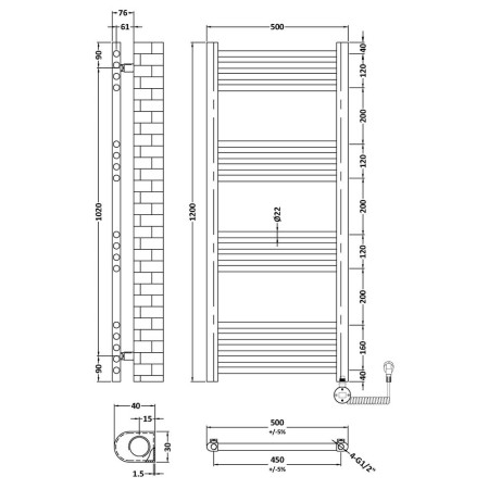 MTY160 Nuie Electric Rounded 1200 x 500mm Flat Towel Rail in Anthracite Line Drawing