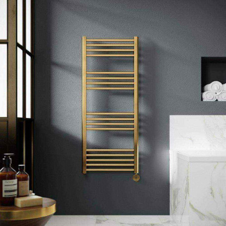 MTY860 Nuie Electric Rounded 1200 x 500mm Flat Towel Rail in Brushed Brass Lifestyle