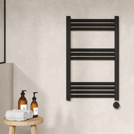 MTY459 Nuie Electric Rounded 800 x 500mm Flat Towel Rail in Black Lifestyle