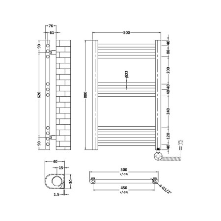 MTY459 Nuie Electric Rounded 800 x 500mm Flat Towel Rail in Black Line Drawing