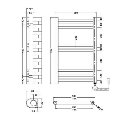 MTY859 Nuie Electric Rounded 800 x 500mm Flat Towel Rail in Brushed Brass Line Drawing