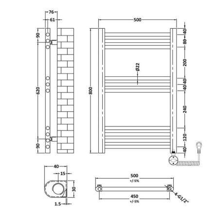 MTY359 Nuie Electric Rounded 800 x 500mm Flat Towel Rail in Chrome Line Drawing