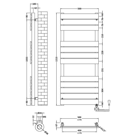 HL159 Nuie Electric Squared 1213 x 500mm Flat Towel Rail in Anthracite Line Drawing