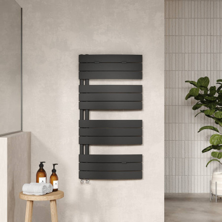 HL459 Nuie Electric Squared 1213 x 500mm Flat Towel Rail in Black Lifestyle