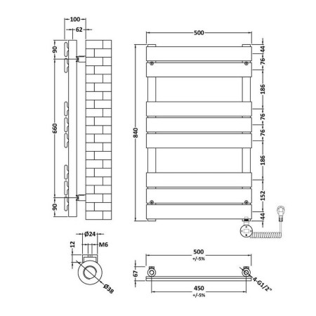 HL158 Nuie Electric Squared 840 x 500mm Flat Towel Rail in Anthracite (2)