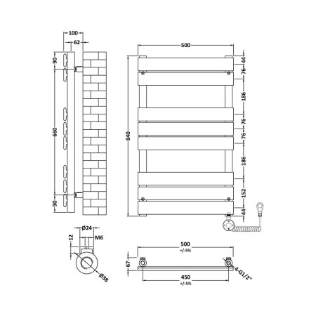 HL458 Nuie Electric Squared 840 x 500mm Flat Towel Rail in Black Line Drawing