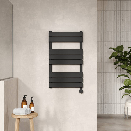 HL458 Nuie Electric Squared 840 x 500mm Flat Towel Rail in Black Lifestyle