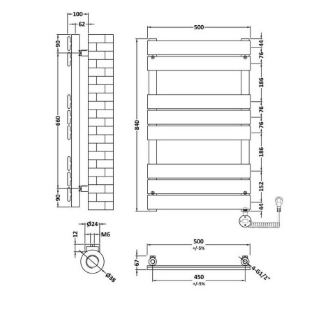 HL858 Nuie Electric Squared 840 x 500mm Flat Towel Rail in Brushed Brass Line Drawing