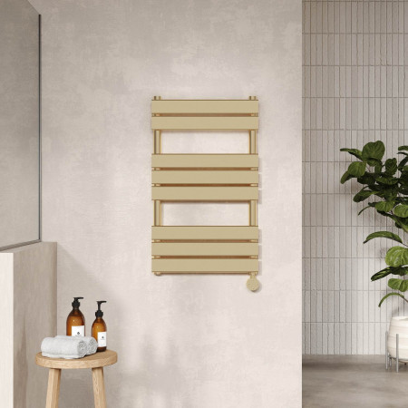 HL858 Nuie Electric Squared 840 x 500mm Flat Towel Rail in Brushed Brass Lifestyle