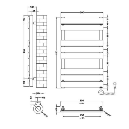 HL358 Nuie Electric Squared 840 x 500mm Flat Towel Rail in Chrome Line Drawing