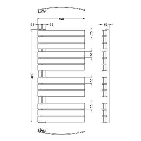 HLA36 Nuie Elgin Anthracite 1080 x 550mm Curved Heated Towel Rail Line Drawing