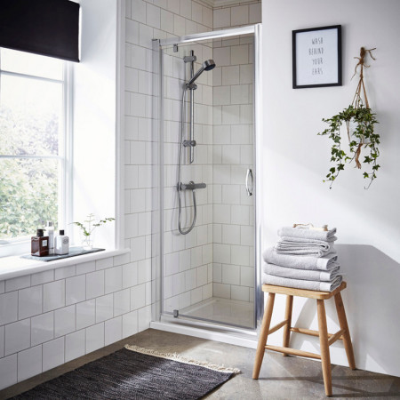 SQPD76-E5 Nuie Ella 760mm Pivot Shower Door Lifestyle