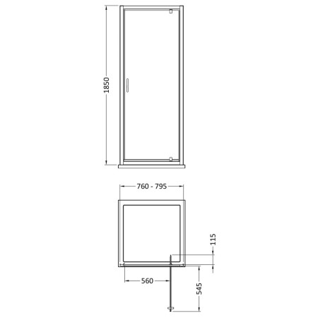 SQPD80-E5 Nuie Ella 800mm Pivot Shower Door Line Drawing