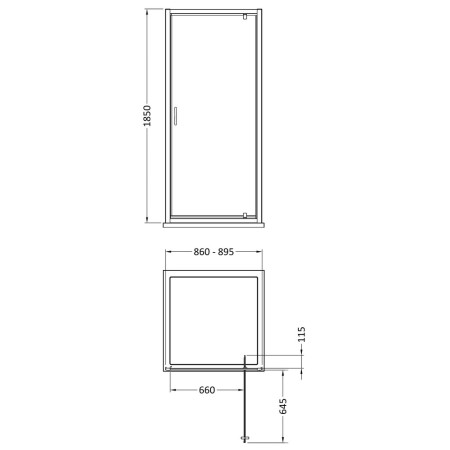 SQPD90-E5 Nuie Ella 900mm Pivot Shower Door Line Drawing
