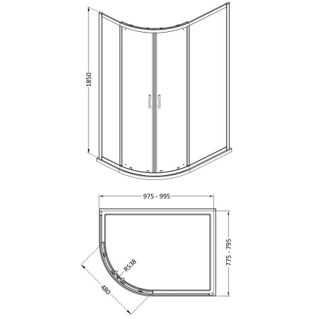 SQU108-E5 Nuie Ella Chrome 1000 x 800mm Offset Quadrant Shower Enclosure Line Drawing