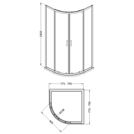 SQU8-E5 Nuie Ella Quadrant 800 x 800mm Shower Enclosure Line Drawing