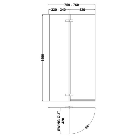 ERSBS0 Nuie Ella Satin Chrome L Shape Fixed Bath Screen with Double Hinge Line Drawing