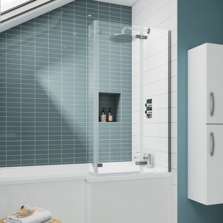 ERSBS0 Nuie Ella Satin Chrome L Shape Fixed Bath Screen with Double Hinge Installed on a Bath