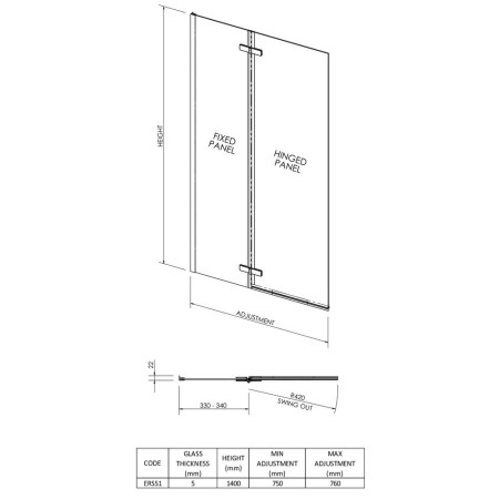 ERSS1 Nuie Ella Satin Chrome Square Fixed Bath Screen with Hinge Line Drawing