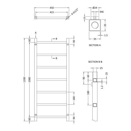 HL375 Nuie Eton Chrome 1200 x 450mm Heated Towel Radiator Line Drawing