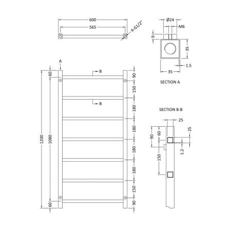 HL376 Nuie Eton Chrome Heated Towel Radiator 1200 x 600mm (2)