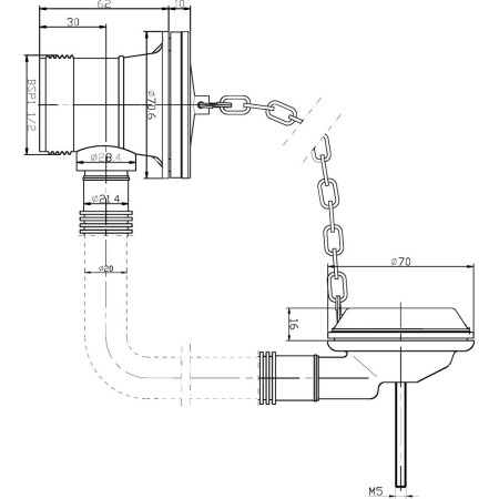 EA329 Nuie Extended Retainer Plug and Chain Bath Waste Line Drawing