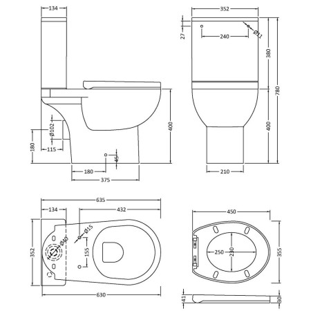 NCS750 Nuie Fay Round Rimless Close Coupled WC with Seat Line Drawing