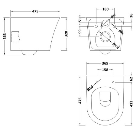NCG341 Nuie Fenton Wall Hung Pan with Soft Closing Seat Line Drawing