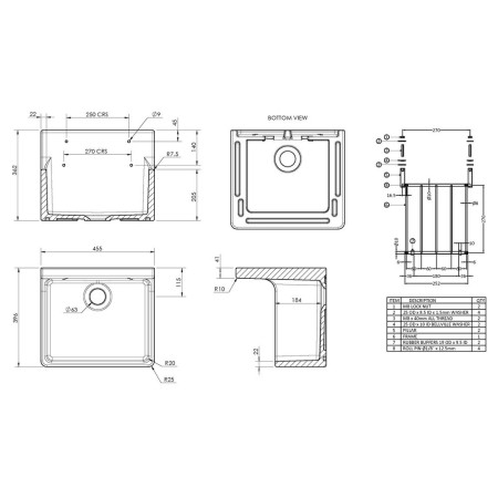 CS10318 Nuie Fireclay 455 x 362mm Cleaner Sink Line Drawing