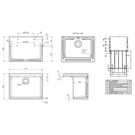 CS10421 Nuie Fireclay 515 x 382mm Cleaner Sink Line Drawing