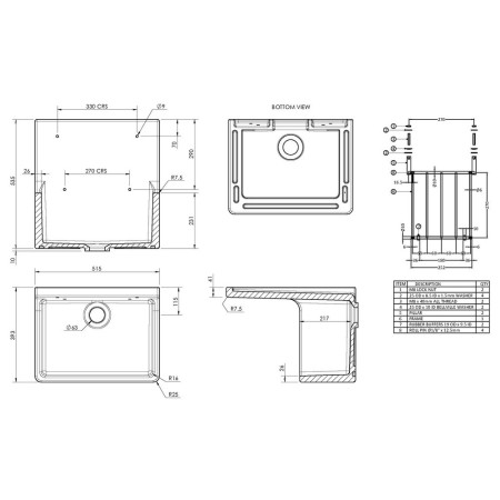 CS10121 Nuie Fireclay 515 x 535mm Cleaner Sink Line Drawing