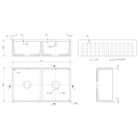 BUF181AF32D Nuie Fluted Butler 795 x 460mm Double Kitchen Sink with Ledge Line Drawing