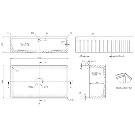 BUF18132 Nuie Fluted Butler 795 x 460mm Kitchen Sink with Ledge Line Drawing