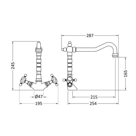 KB305 Nuie French Classic Mono Kitchen Sink Mixer Line Drawing