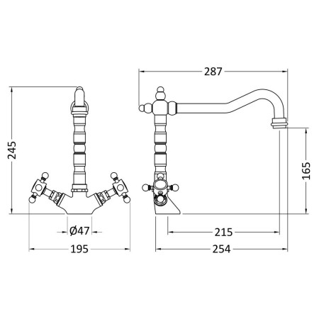 KB805 Nuie French Classic Mono Sink Mixer in Brushed Brass Line Drawing